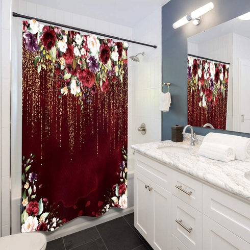 LIGHTINHOME Red Floral Shower Curtain 72x72 Inch Burgundy Flower Rose Golden Glitter Wedding Bridal Elegant Women Fabric Waterproof Bathroom Home Decor Set 12 Plastic Hooks
