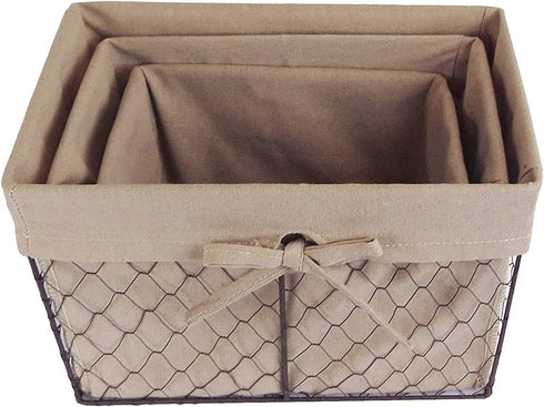 DII Farmhouse Chicken Wire Storage Baskets with Liner, Set of 3, Rustic Natural, Assorted Sizes