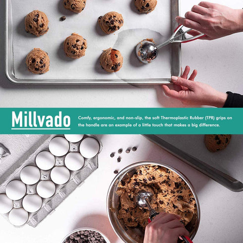 Millvado Stainless Steel Ice Cream and Cookie Scoop | Large Sized, With Red Rubber Grips, Spring Loaded Lever Design, For Sorbet, Melon, Meatballs, Muffins, and More, 3 Ounce Scooper