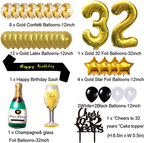 Gold 32nd Birthday Decorations kit, Cheers To 32 Years Banner Balloons,32nd Cake Topper Birthday Sash, Gold Tinsel Foil Fringe Curtains, for 32 Birthday&Anniversary Decorations
