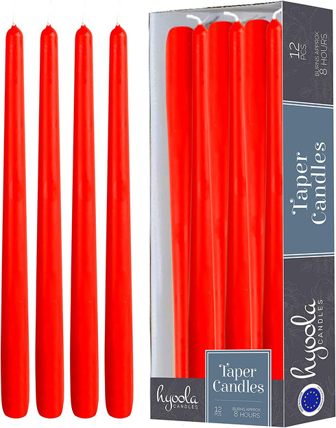 Hyoola 12 Pack Tall Red Taper Candles - 10 Inch Red Dripless, Unscented Dinner Candle - Paraffin Wax with Cotton Wicks - 8 Hour Burn Time.