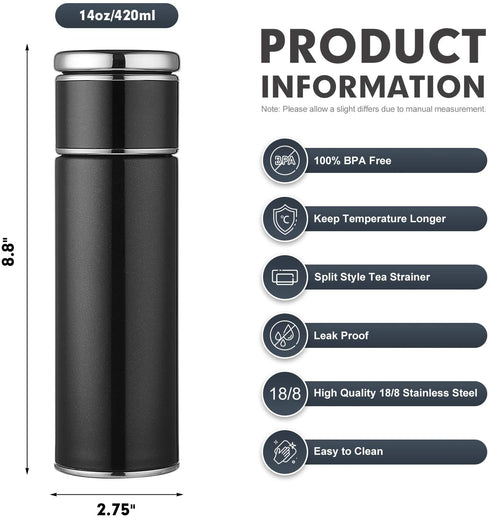 ONEISALL Tea Infuser Bottle - 14oz Insulated Travel Tea Tumbler Keep Hot and Cold For Loose Leaf Tea, Coffee, Herbal, Tea Bags - Leakproof Stainless Steel Tea Mug with Infuser