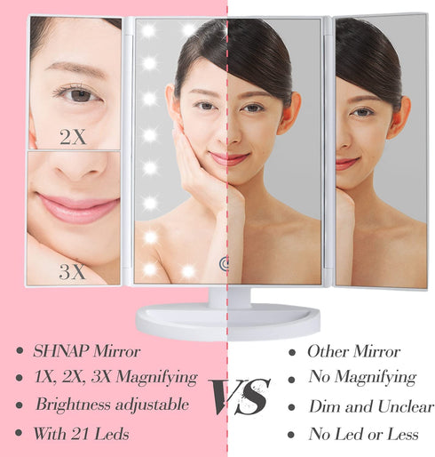 SHNAP Makeup Mirror with Lights, Touch Screen Vanity Mirror, 2X/3X Magnification, Dimmable 21Leds Trifold Mirror, Dual Power Supply, 180° Rotation, Portable Cosmetic Light Up Mirror with Gift Box