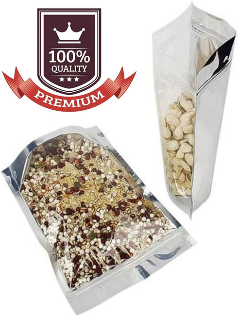 Stand Up Pouches, Resealable Odor Proof Bags, Zip Top Waterproof For Food Storage, Heavy Duty Ziplock, Clear Front With Aluminum Foil Back, Heat Sealable, 5 x 8 inch, 100 Pack