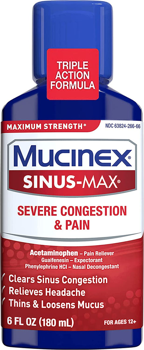 Severe Congestion & Pain Relief, Mucinex Sinus-Max Max Strength, 6oz Clears Sinus & Nasal Congestion, Relieves Headache & Fever, Thins & Loosens Mucus