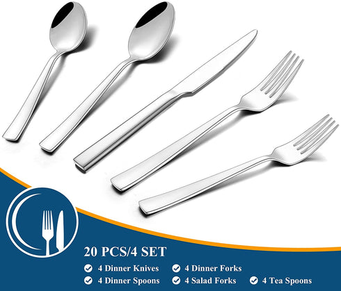 Silverware Set, Yoehka 20-Piece Stainless Steel Flatware Set, Premium Tableware Cutlery Set for Home and Restaurant, Include Knife Spoon and Fork to Service for 4, Mirror Polished, Dishwasher Safe