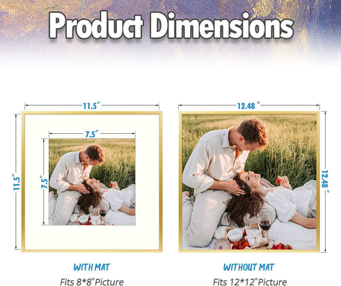 AUEAR, 12x12 Gold Aluminum Metal Wall Mounting Frame with Ivory Mat for Photo & Real Glass (2-Pack)