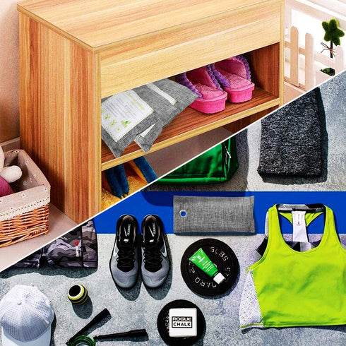 10PCS Bamboo Charcoal Air Purifying Bags with 5 Hanging Hooks, Activated Charcoal Odor Remover, 5 x 200g, 5 x 75g Moisture Absorber Closet Purifier for Shoes, Pets, Bathroom, Basement