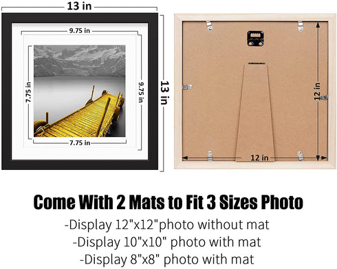 12x12 Picture Frames Black Solid Wood Display Pictures 10x10 or 8x8 with Mat or 12x12 without Mat - 12x12 Inch Square Photo Frames with 2 Mats for Wall or Tabletop Mount, 1 Pack