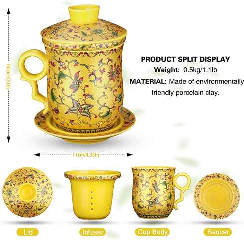 Tea Mug with Strainer Infuser/Lid/Saucer Ceramic Tea Cup Convenient System Chinese China JINGDEZHEN Porcelain Personal Travelling Teacup Set, Noble Enamel Yellow, 13.5oz(400ml)