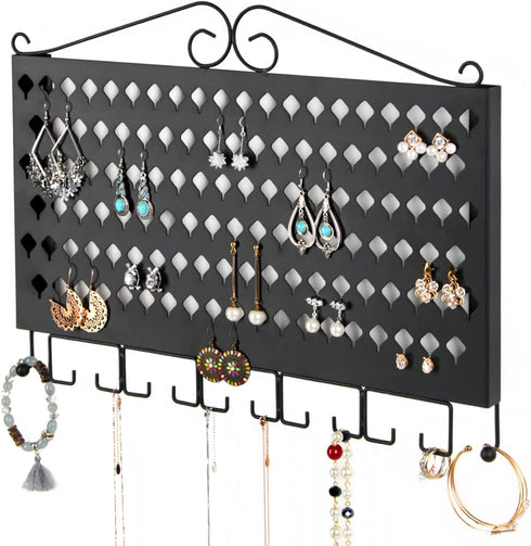 JackCubeDesign Wall Mounted Jewelry Organizer, Earring Necklace Bracelet Holder Display Hanger with 117 Holes & 12 Hooks (Black, 16.54 x 12.2 x 0.75 inches) - MK319A