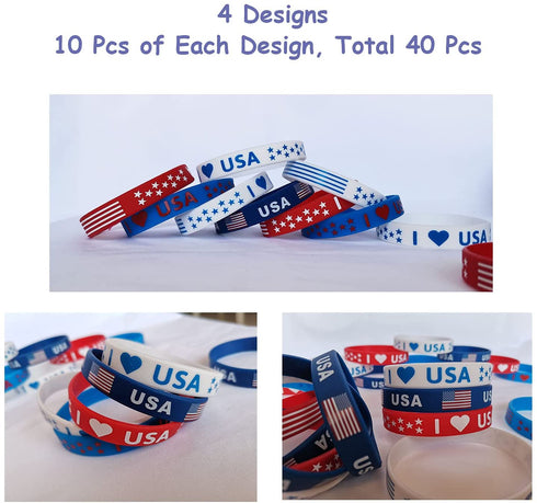 JAKADYUKS 40Pcs American Flag Silicone Bracelet USA Patriotic Party Wristband Party Favors School Gifts Supplies Fourth 4th of July Party Accessories