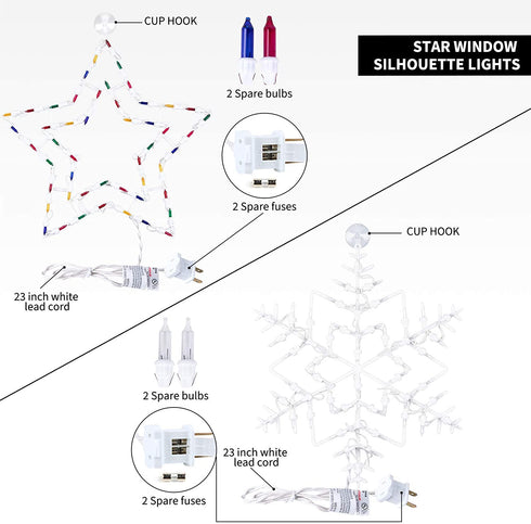 16 Inch Christmas Window Silhouette Lights Decorations Pack of 2 Lighted Snowflake and Star Christmas Window Lights with 100 Bulbs for Holiday Indoor Wall Door Glass Decorations