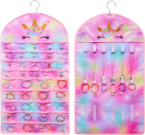 FIOBEE Girls Hanging Jewelry Organizer Holder Unicorn Jewelry Storage Display with Hanger for Kids Earrings Necklace Bracelet