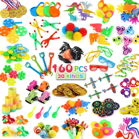 160 PCS Party Favors for Kids Birthday(30 Kinds), Bulk Toy for Carnival Prizes, School Classroom Rewards, Small Toys for Goodie Bag Stuffer and Pinata Filler, Treasure Chest Box for Child Boy Girl