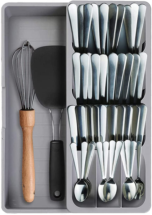 Sazoemao Kitchen Drawer Organizer Tray,Silverware Organizer Storage Tray,DrawerStore Compact Cutlery Expandable Organizer for Kitchen Drawer Holding Flatware Spoons Forks Grey