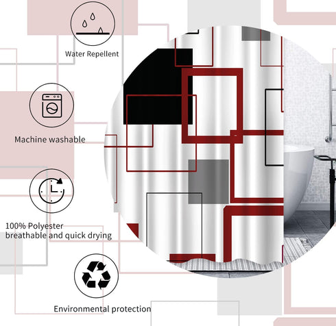 Black and White Shower Curtain Grey and Red Geometric Check Modern Shower Curtain Sets for Bathroom Decor Fabric Shower Curtain Waterproof with 12 Hooks, 72"x72"