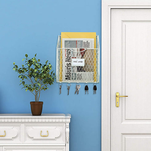 Superbpag Wall File Holder Hanging Folder Document Organizer Metal Chicken Wire Wall Mount Magazine Rack Mail Sorter for Home Office and Entryway, White