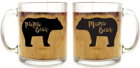 Mama Bear, Papa Bear Couples Mug - Funny Couple Mug - (2) 13OZ Glass Coffee Mug - Funny Mug Set - Mugs For boyfriend and Girlfriend and Husband and wife - By AW Fashions