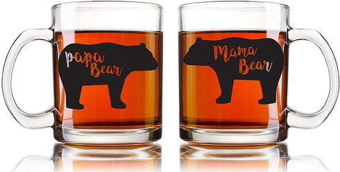 Mama Bear, Papa Bear Couples Mug - Funny Couple Mug - (2) 13OZ Glass Coffee Mug - Funny Mug Set - Mugs For boyfriend and Girlfriend and Husband and wife - By AW Fashions