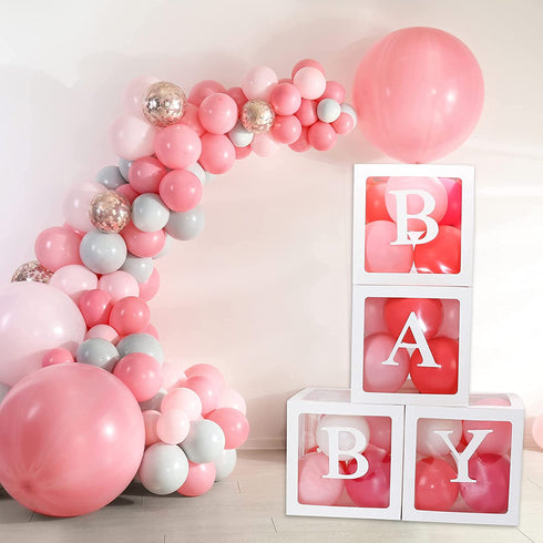 msnautpr 74 PCS Baby Boxes with Letters for Baby Shower 4Pcs Transparent Balloons Boxes Decor with 30 Letters 40 Balloons, DIY Baby Shower Decorations for Girl Kit Gender Reveal Bridal Party Backdrop