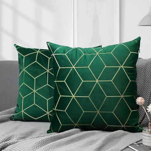 Lewondr Golden Embroidery Velvet Throw Pillow Cover, 2 Pack Soft Velvet Throw Pillow Case Golden Lines Embroidered Rhombus Pattern Back Cushion Cover for Car Sofa Bed 18"x18"(45x45cm), Dark Green