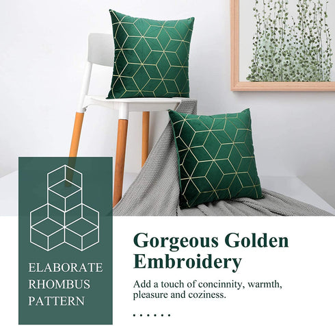 Lewondr Golden Embroidery Velvet Throw Pillow Cover, 2 Pack Soft Velvet Throw Pillow Case Golden Lines Embroidered Rhombus Pattern Back Cushion Cover for Car Sofa Bed 18"x18"(45x45cm), Dark Green