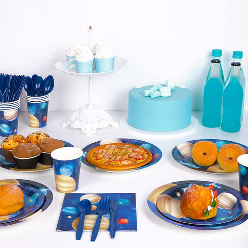 Decorlife Space Themed Party Supplies Serves 16, Space Plates and Napkins Sets, Cups, Knives, Forks, Spoons Included, Total 112pcs