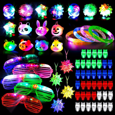 Led Light Up Toys 68Pcs Party Favors for Kids Adults, Glow in the Dark Party Supplies include 40 Finger Lights, 8 Jelly Rings, 7 Light Up Animals Rings, 5 Led Glasses, 4 Bracelets, 4 Led Crystal Necklaces
