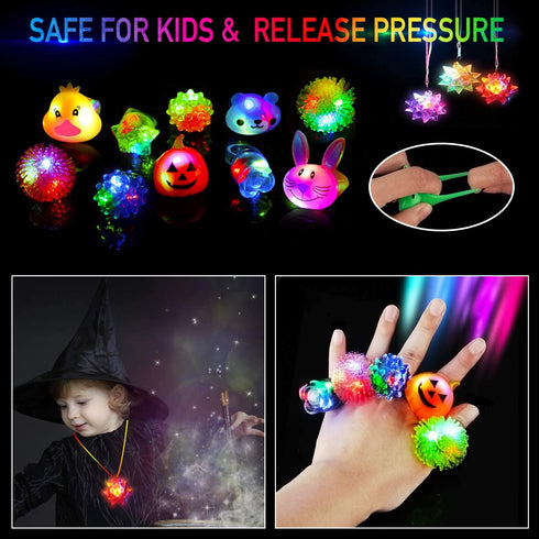 Led Light Up Toys 68Pcs Party Favors for Kids Adults, Glow in the Dark Party Supplies include 40 Finger Lights, 8 Jelly Rings, 7 Light Up Animals Rings, 5 Led Glasses, 4 Bracelets, 4 Led Crystal Necklaces