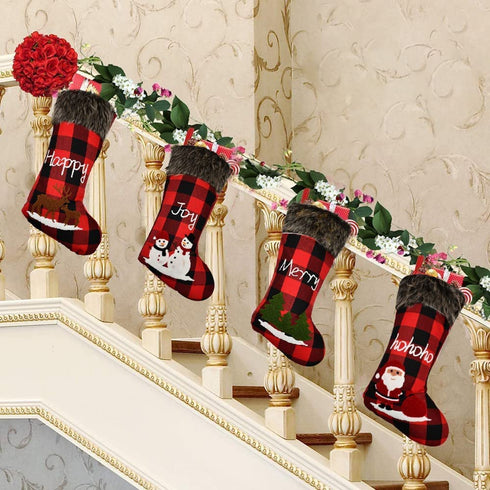 ZLLQIMENG 4 Pack Christmas Stockings Buffalo Plaid 18 inches Large Xmas Stocking Embroidery with Faux Fur Cuff for Family Kid Holiday Party Christmas Decoration