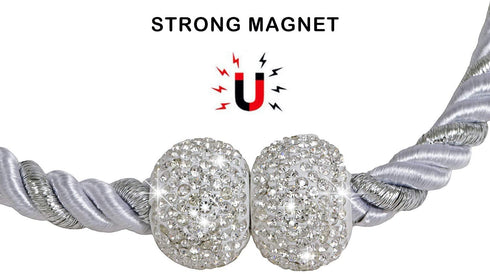 ALON Magnetic Curtain Tiebacks, Bling Curtain Holdbacks, Crystal Tie Backs for Curtains, Hold Curtains Drape Ties Backs 17 inch Holdback, No Need Drilling(Set of 4 - Silver)
