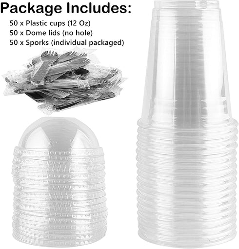 INDRAH 50PCS 12 oz Clear Plastic Cups With Dome Lids (No Hole) Disposable Parfait Cups Dessert Cups for Fruit Yogurt Smoothie Iced Cold Drinks, No Leaking