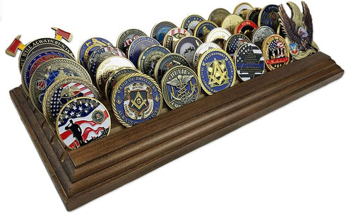 DecoWoodo 5 Rows Challenge Coin Holder Military Coin Display Stand Walnut Finish