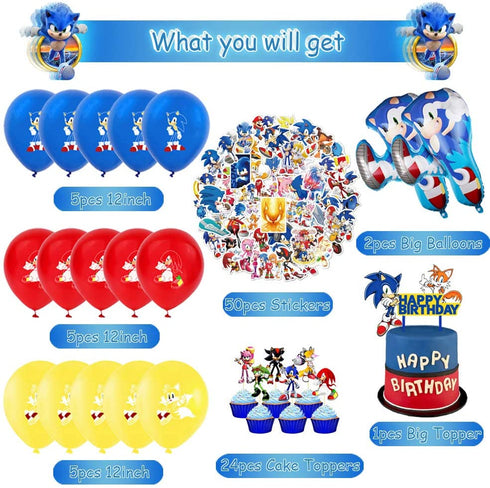 WOOACME Sonic The Hedgehog Party Supplies, 101pcs Birthday Party Decorations Include Happy Birthday Banner, Hanging Swirls Decorations, Foil Balloons and Latex Balloons, Stickers, Cake Topper and Table Cover for Kids