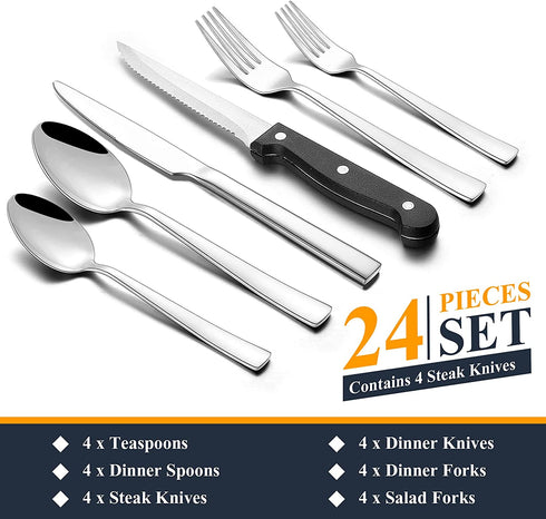 24 Pieces Silverware Set with Steak Knives, Yoehka Durable Stainless Steel Flatware Cutlery Set, Service for 4, Kitchen Utensil Tableware Set for Home and Restaurant Mirror Polished & Dishwasher Safe