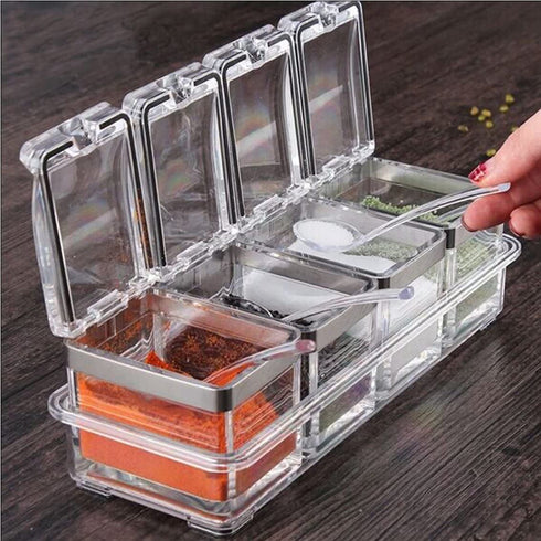 Tenta Kitchen Gourmet Acrylic Seasoning Box - Premium Quality Pure Acrylic Container and Case- 18/8 Stainless Steel Ring - 4 Serving Spoons -Luxurious Condiment Cruet Bottle, Spice Jar Set