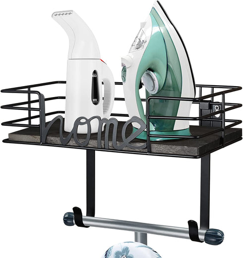 TJ.MOREE Ironing Board Hanger Wall Mount- Laundry Room Decor- Iron and Ironing Board Holder, Laundry Room Organization and Storage with Large Storage Black Wooden Base Basket and Removable Hooks