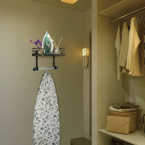 TJ.MOREE Ironing Board Hanger Wall Mount- Laundry Room Decor- Iron and Ironing Board Holder, Laundry Room Organization and Storage with Large Storage Black Wooden Base Basket and Removable Hooks