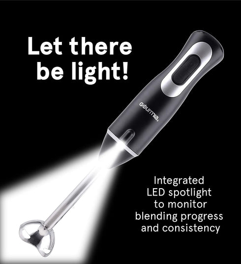 Gourmia GHB2360 12 Speed Illuminating Immersion Hand Blender with Turbo Mode - Comfortable Ergonomic Handle - Whisk Attachment Included - Integrated LED Spotlight - 300 Watt Motor - Black