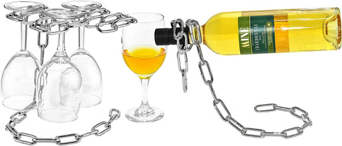 Southern Homewares Magic Floating Chain Wine Glass Stemware Rack & Wine Bottle Holder Set Chrome Free Standing Holder