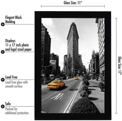 Americanflat 11x17 Picture Frame in Black - Legal Sized Paper Display - Composite Wood with Shatter Resistant Glass - Horizontal and Vertical Formats for Wall
