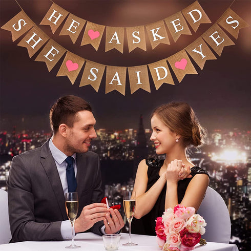 3 Pieces Engaged Burlap Banner He Asked She Said Yes Banner Rustic Bridal Shower Bunting Garland for Wedding Engagement Party Decorations