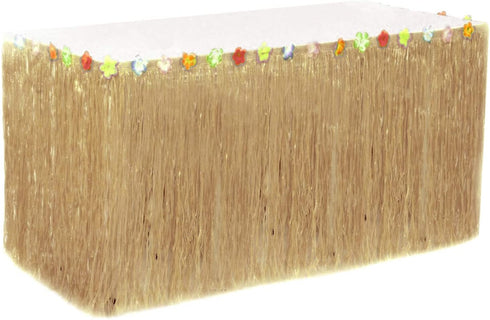 Hawaiian Table Skirt 11ft Long Stretches to 30ft! | (29" Tall) Brown Grass Table Skirts | Hibiscus Luau Party Decoration | Tropical Theme Decor (1 Table Skirt )