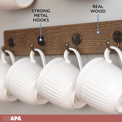 Ilyapa Rustic Wooden Coffee Mug Rack, Wall Mounted Mug Holder for Cups - 12 Hook Brown Wooden Display Rack for Kitchen Storage and Mug Collection