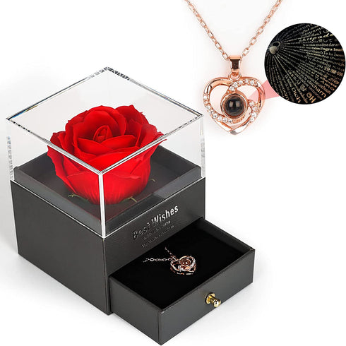 Qrytoi Real Preserved Rose, Eternal Rose Gift Box with 100 Kinds of Love Language Heart Necklace Enchanted Rose Flower Gifts for Her on Mothers Day Valentines Day Anniversary Christmas Birthday Gifts