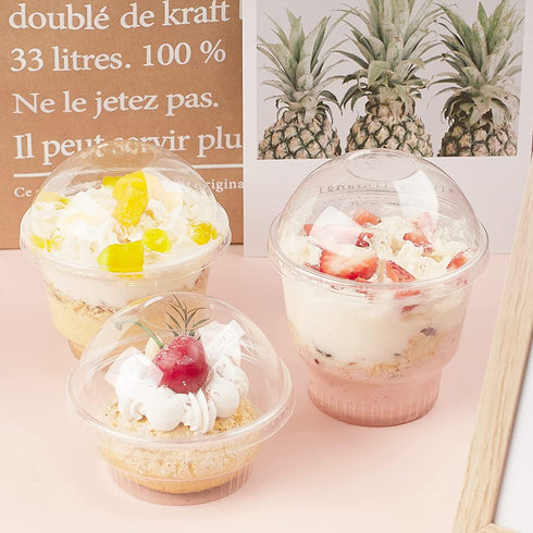 50 Pack 10oz Dessert Cups with Lids, Clear Plastic Parfait Cups with No Hole Dome Lids and Sporks, Disposable Snack Bowls for Cereal Parfait, Ice Cream, Yogurt, Fruit, Cupcakes, Pudding