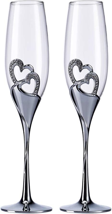 Wedding Champagne Goblets Toasting Flute Glasses for Bride and Groom Creative Deluxe Glass Cups with Rhinestone Rimmed Heart Decoration Gift Set