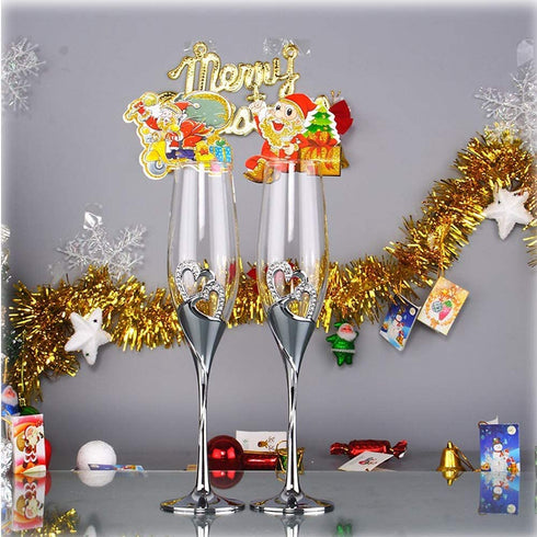 Wedding Champagne Goblets Toasting Flute Glasses for Bride and Groom Creative Deluxe Glass Cups with Rhinestone Rimmed Heart Decoration Gift Set