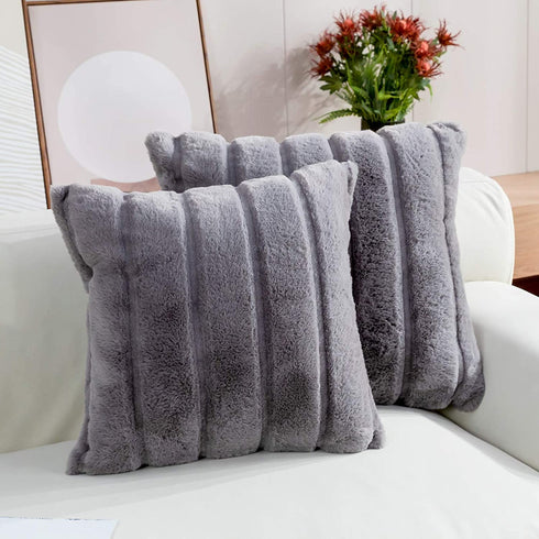 Cozy Bliss Set of 2 Faux Fur Fleece Throw Pillow Covers Luxury Super Soft Plush, Striped Cushion Cover Textured Decorative Pillowcases for Sofa Couch Bed Chair Car (Grey, 20"x20")